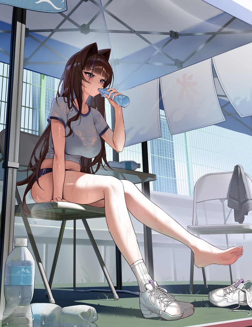 原创 1名女孩 黑色文胸 蓝色布鲁玛 瓶子 胸罩