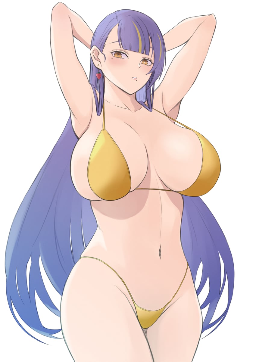 二次元插画 1名女孩 双手抱头 举起双手 比基尼 金色挑染