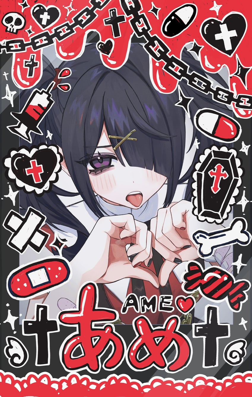主播女孩重度依赖、糖糖 (主播女孩重度依赖) 创可贴 黑发 黑色指甲 脸红 锁链