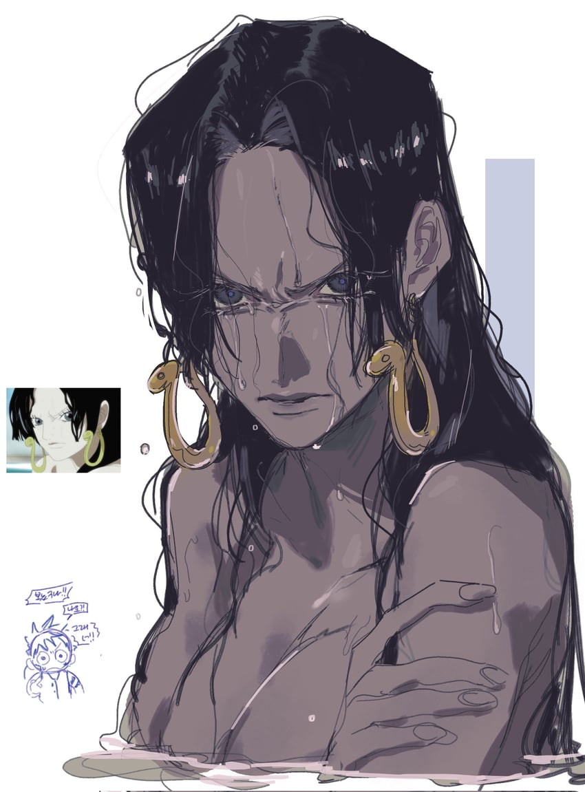 海贼王、波雅·汉库克、蒙奇·D·路飞 1名女孩 异色皮肤 生气 黑发 交叉双臂