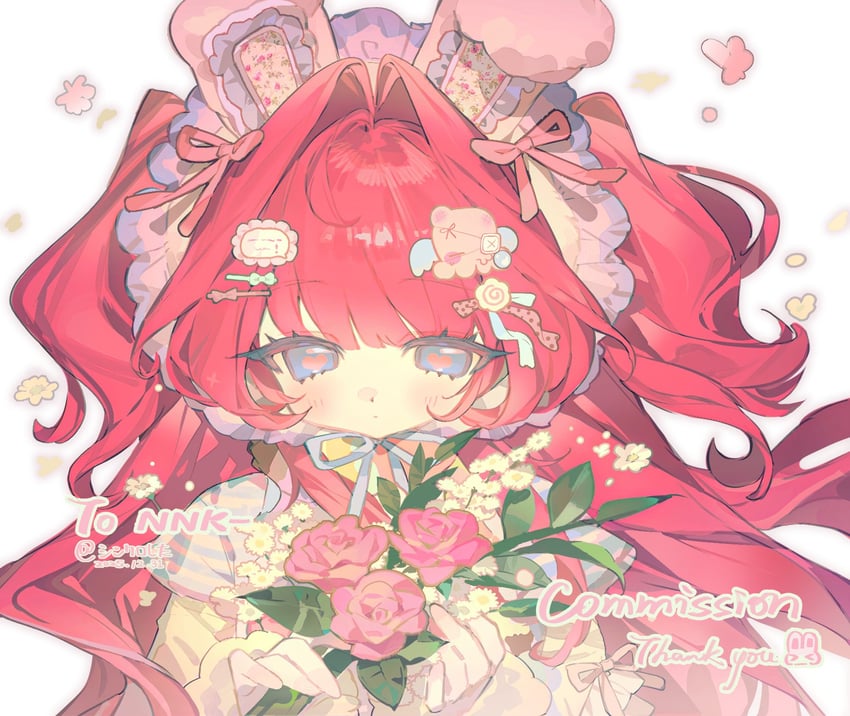 原创 1名女孩 兽耳 蓝眼 脸红 花束
