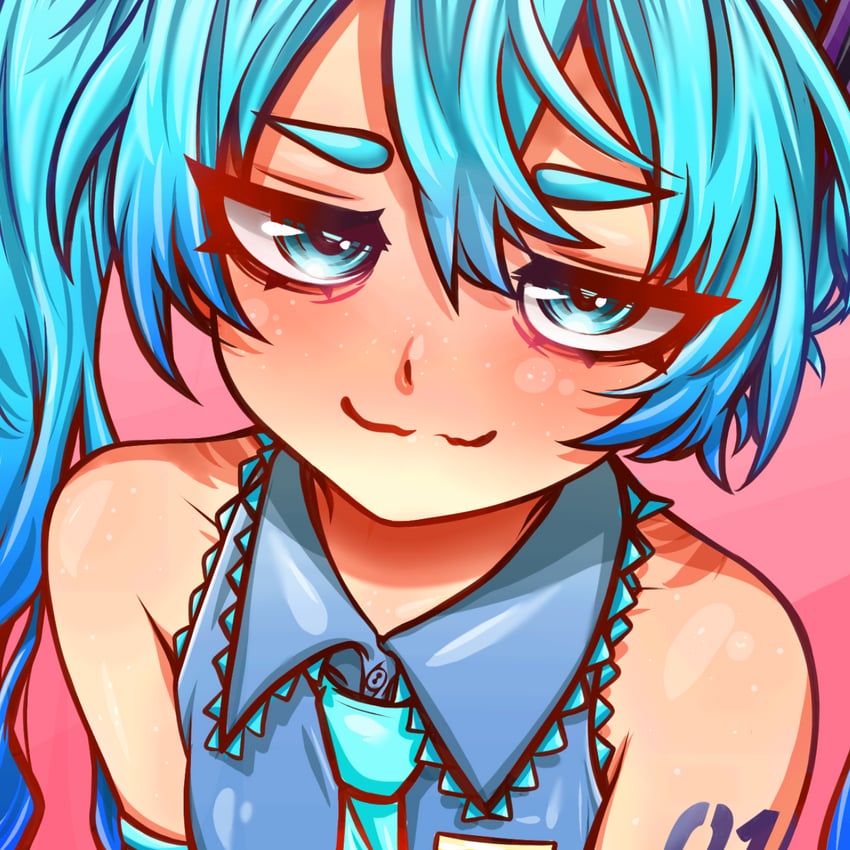 VOCALOID、初音未来 1名女孩 手臂纹身 蓝眼 蓝色领带 脸红