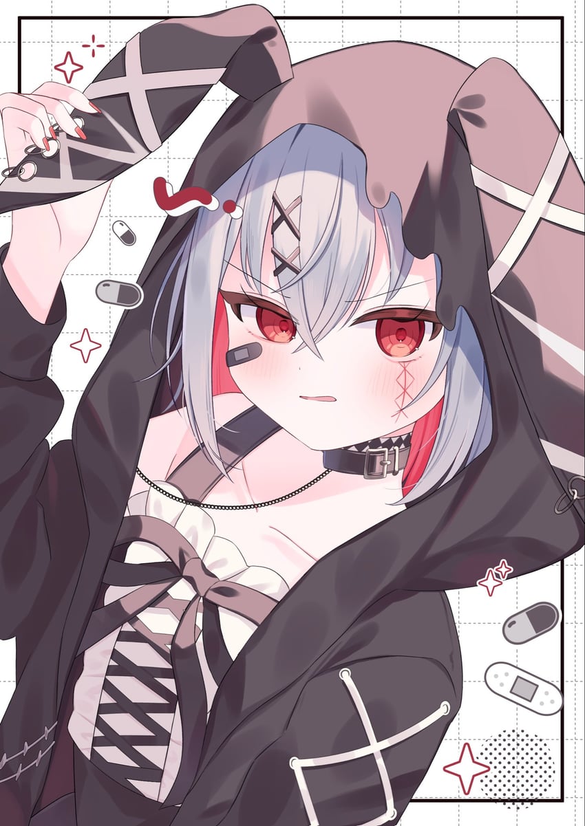 卡拉OK招财猫、魔法少女的小镇审判、志藤亚里沙 1名女孩 动物兜帽 创可贴 脸上的创可贴 黑色项圈