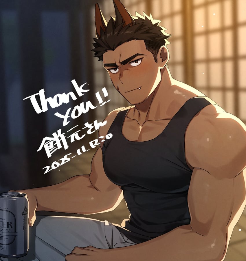 原创、贝露 1名男孩 兽耳 啤酒罐 黑发 黑色背心