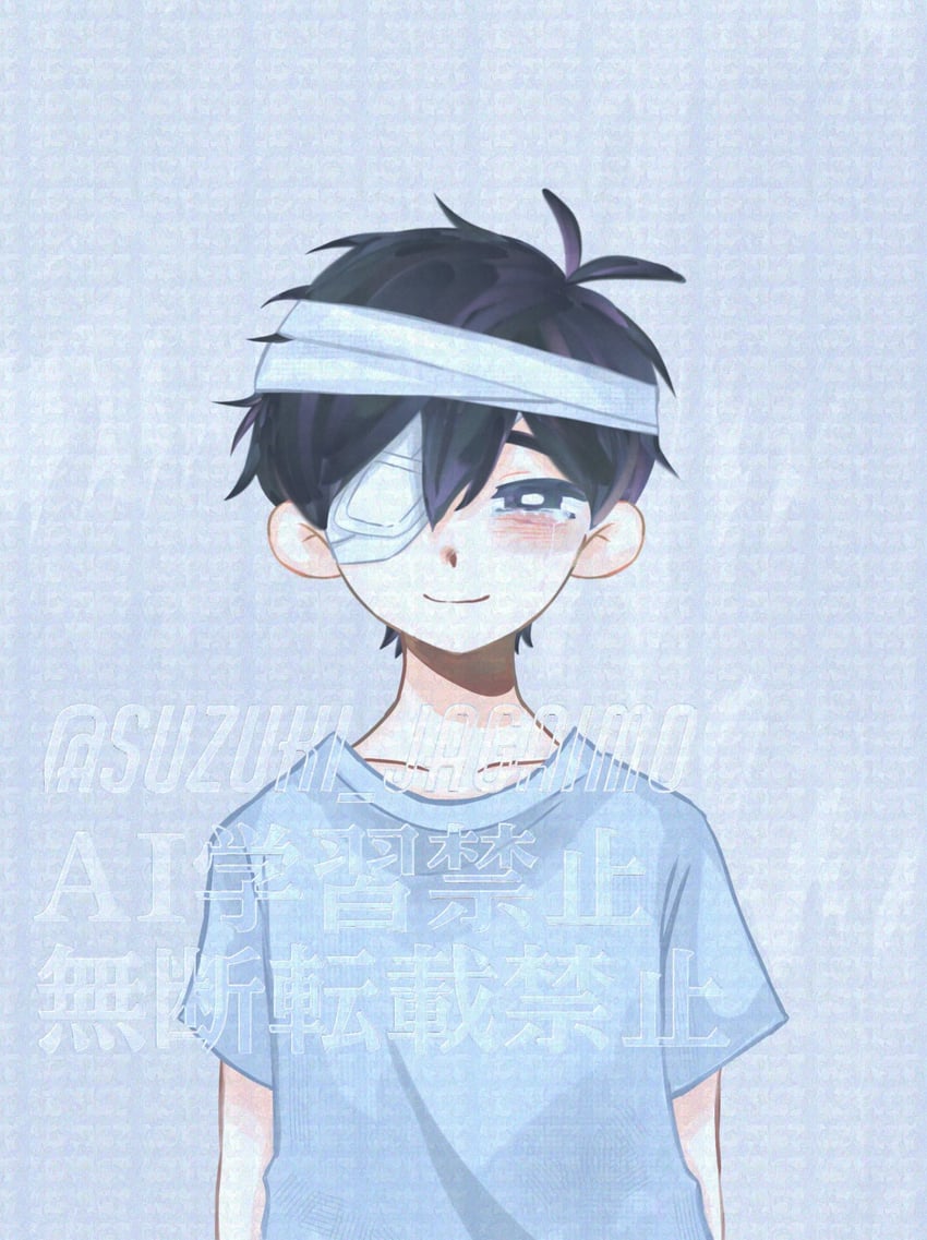 OMORI、Sunny(病号服)(Omori)、Sunny (OMORI) 1名男孩 呆毛 作者名 单眼绷带 缠着绷带的头