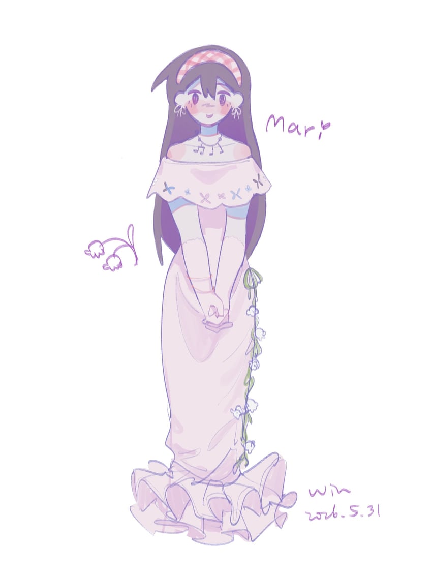 OMORI、玛丽 (远方) (OMORI)、Mari (Omori) 1名女孩 替换服装 作者名 露肩 脸红