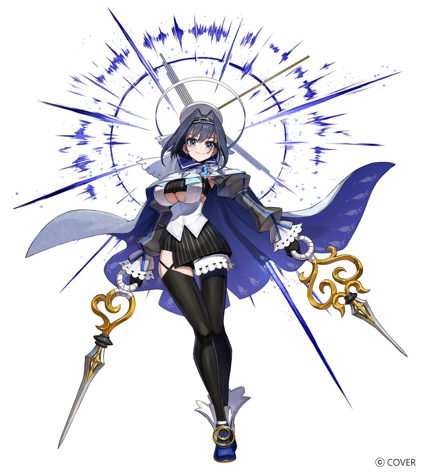 谜之回忆、Hololive、Hololive英语 1名女孩 黑发 黑色过膝袜 蓝眼 蓝发
