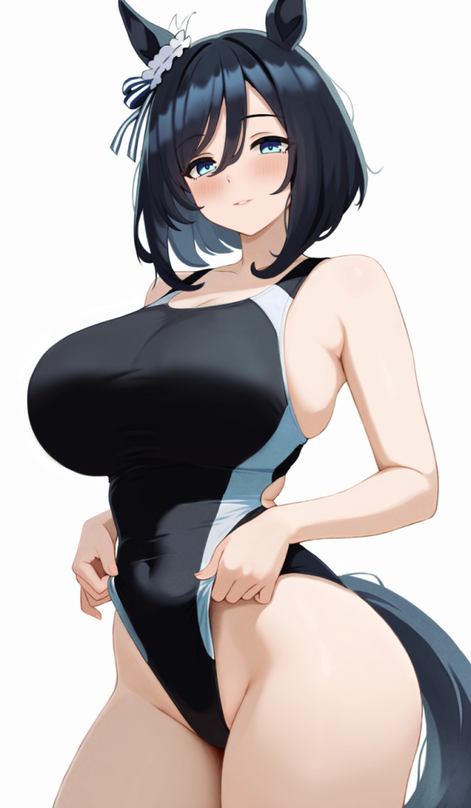 赛马娘、荣进闪耀(赛马娘) 1名女孩 兽耳 黑发 黑色连体泳衣 蓝眼