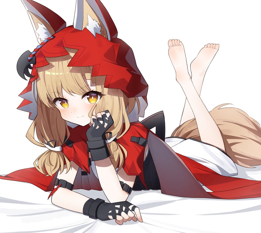 明日方舟、明日方舟：终末地、罗斯 (明日方舟) 1名女孩 兽耳 赤脚 黑色手套 耳朵穿过头饰