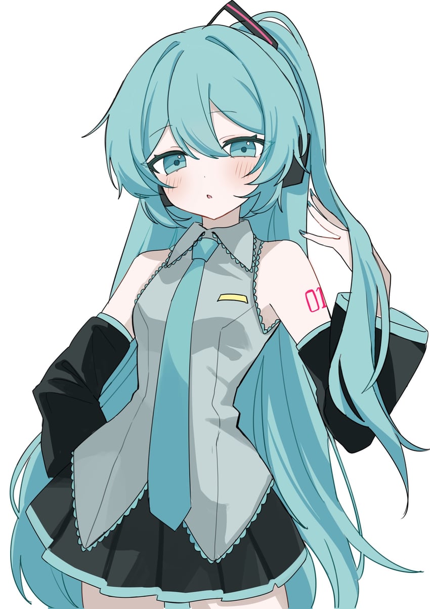 VOCALOID、初音未来 1名女孩 惊讶 不同发型 黑色裙子 蓝眼
