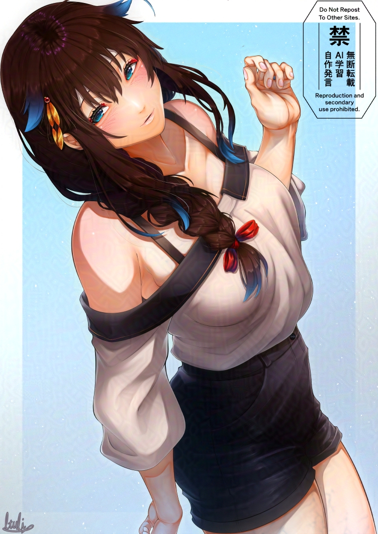 舰队Collection、shigure (ginza white) (kancolle)、时雨 1名女孩 黑发 黑色短裤 蓝眼 蓝发