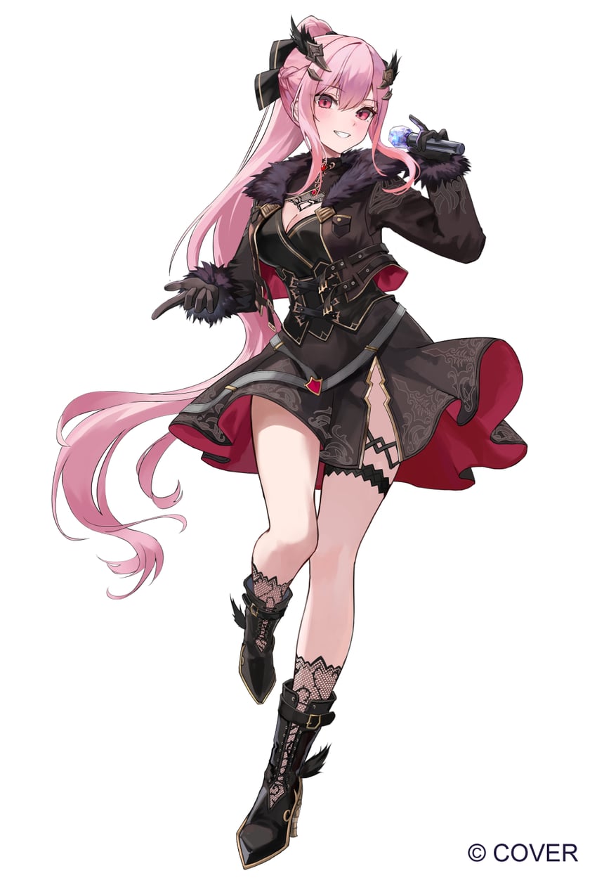 Hololive、Hololive英语、森美声 1名女孩 黑色手套 黑色夹克 黑色裙子 靴子