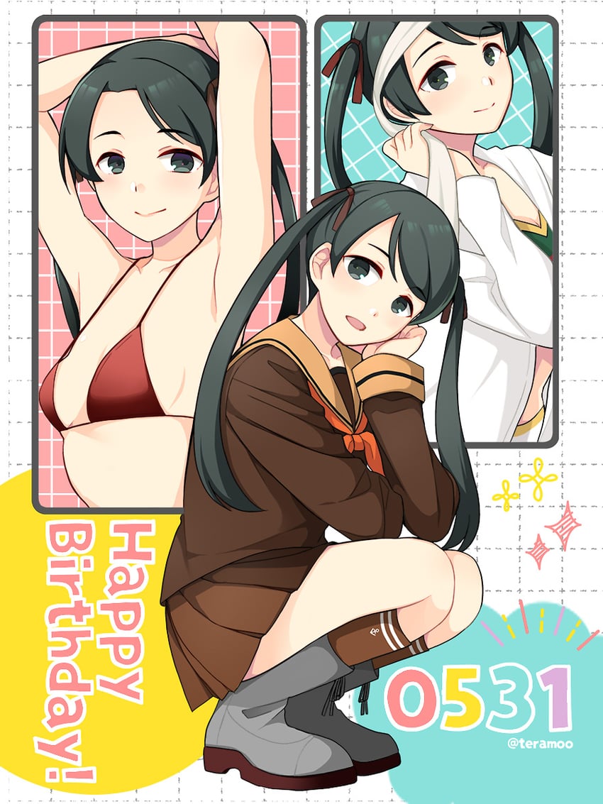 舰队Collection、三隈 (2016泳装) (舰队收藏)、三隈 (2017泳装) (舰娘) 1名女孩 比基尼 黑发 靴子 棕色比基尼