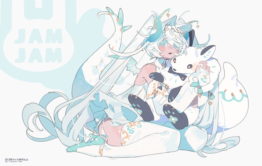 二次元插画 1名女孩 裸臂 蓝眼 脸红 黑肉