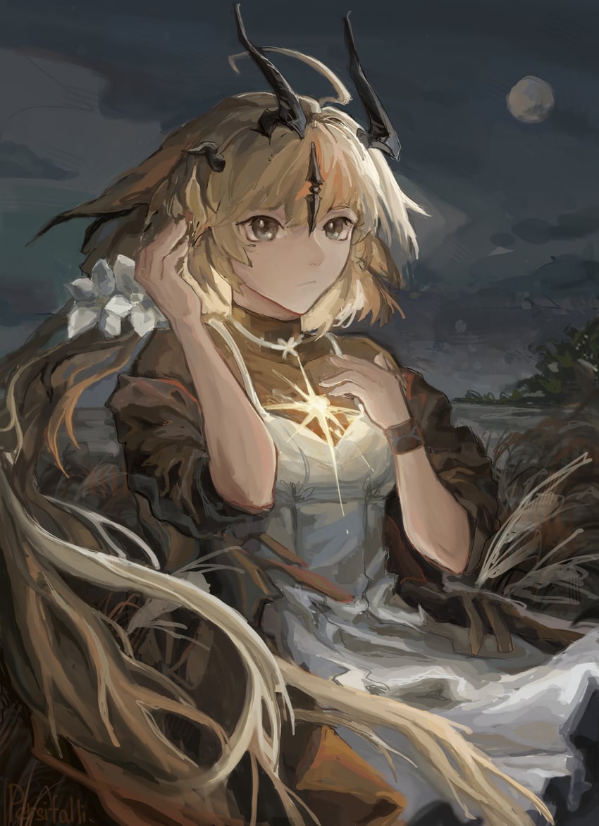 明日方舟、苇草、焰影苇草 (明日方舟) 1名女孩 呆毛 黑角 黑色夹克 金发