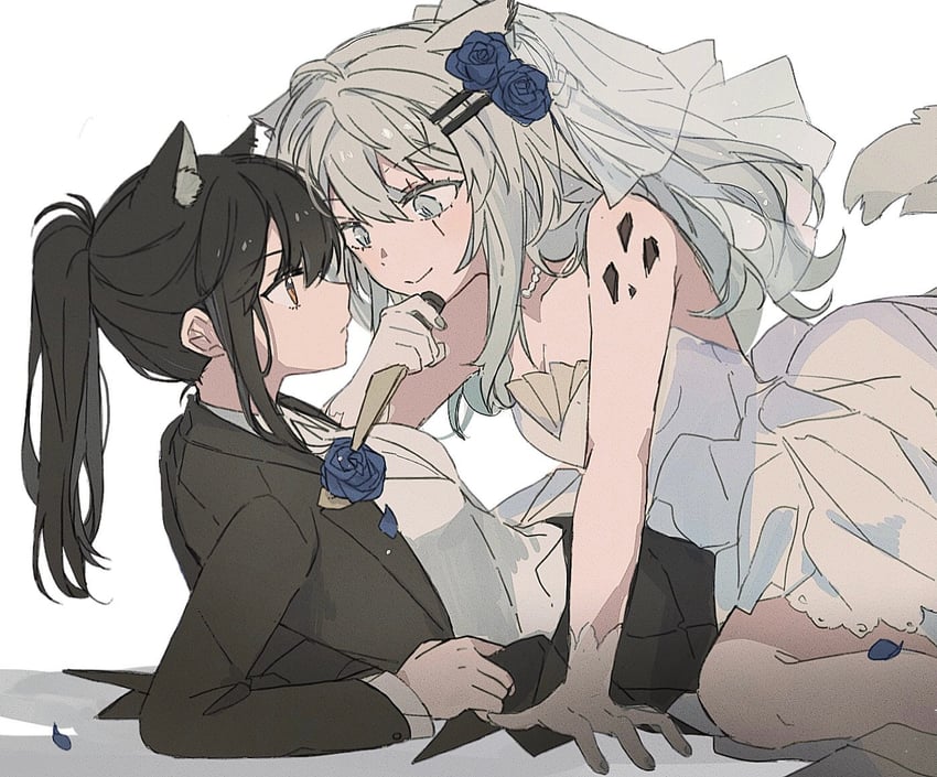 明日方舟、拉普兰德 (明日方舟)、德克萨斯 (明日方舟) 2名女孩 兽耳 作者名 黑发 黑色夹克