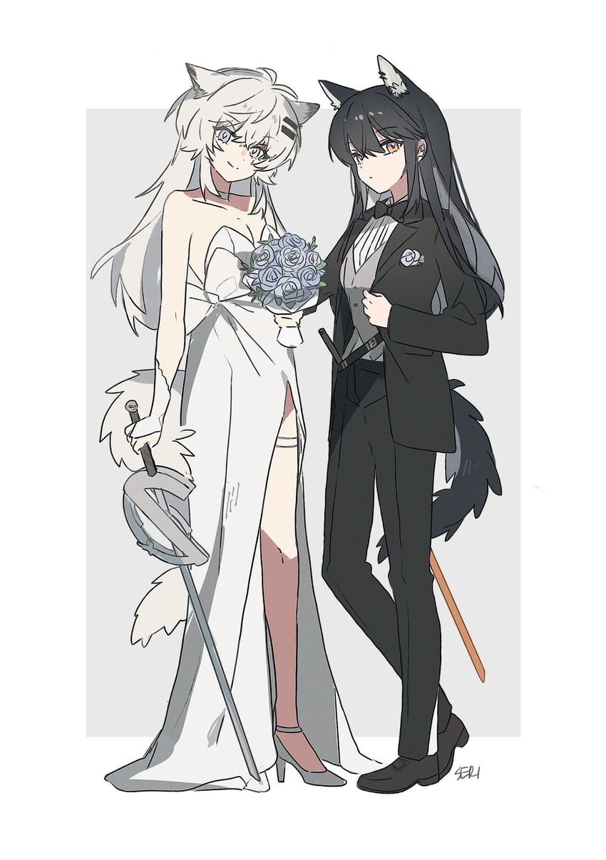 明日方舟、拉普兰德 (明日方舟)、德克萨斯 (明日方舟) 2名女孩 兽耳 黑发 黑色夹克 黑裤子