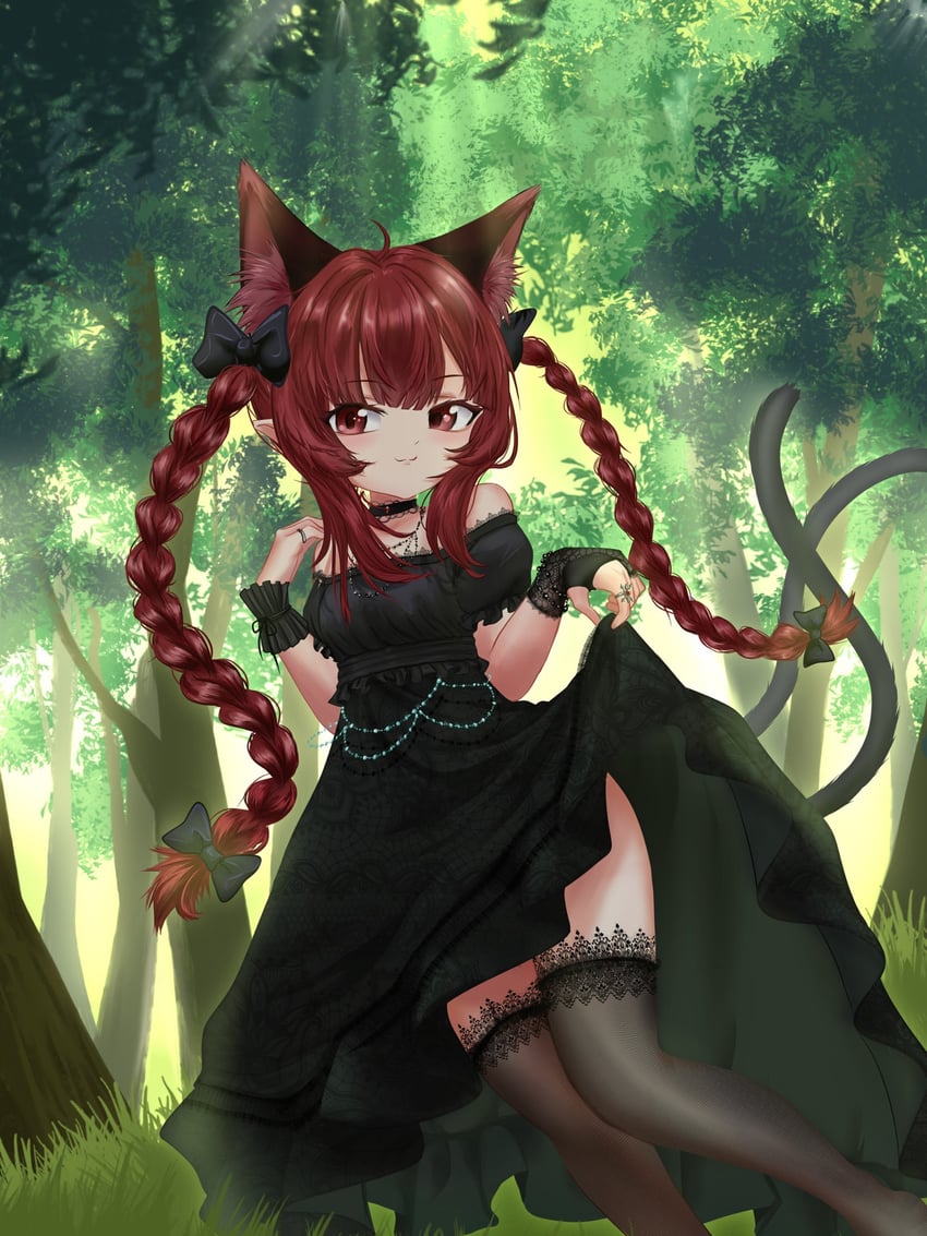 东方Project、火焰猫燐 1名女孩 兽耳 黑色蝴蝶结 蝴蝶结 辫子