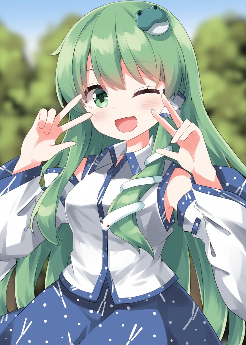 东方Project、东风谷早苗 1名女孩 :D 微笑 蓝裙子 模糊