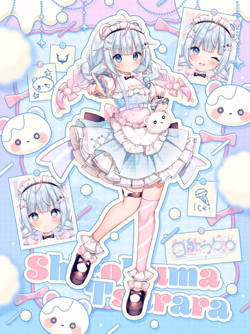Reject (电竞战队)、shirokuma tsurara 围裙 不对称腿部穿着 蓝眼 蓝发 蝴蝶结