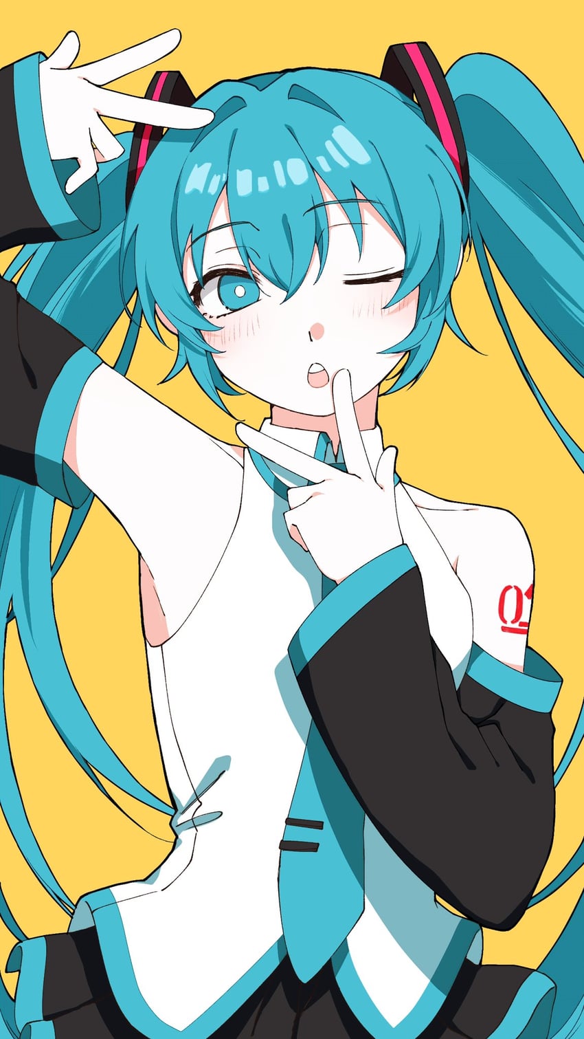VOCALOID、初音未来 1名女孩 水色瞳 水色发 水蓝色领带 水蓝色饰边
