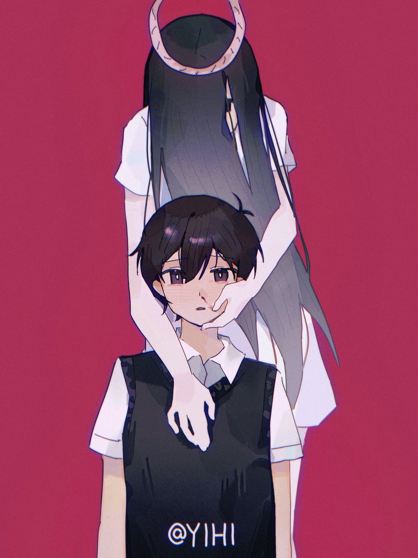 OMORI、玛丽 (远方) (OMORI)、Mari (Omori) 1名男孩 1名女孩 卧蚕 呆毛 手放在身体两侧