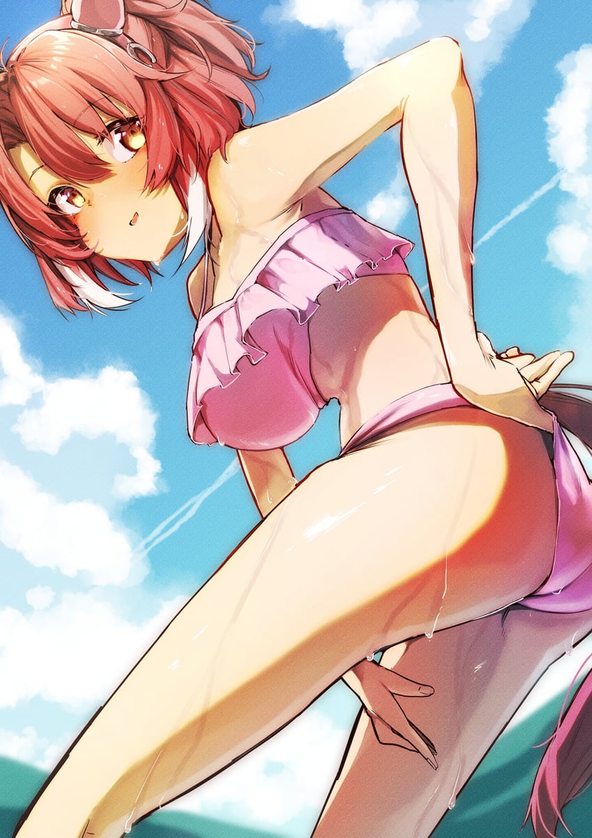 赛马娘、烈焰快驹 (赛马娘) 1名女孩 兽耳 屁股 比基尼 蓝天