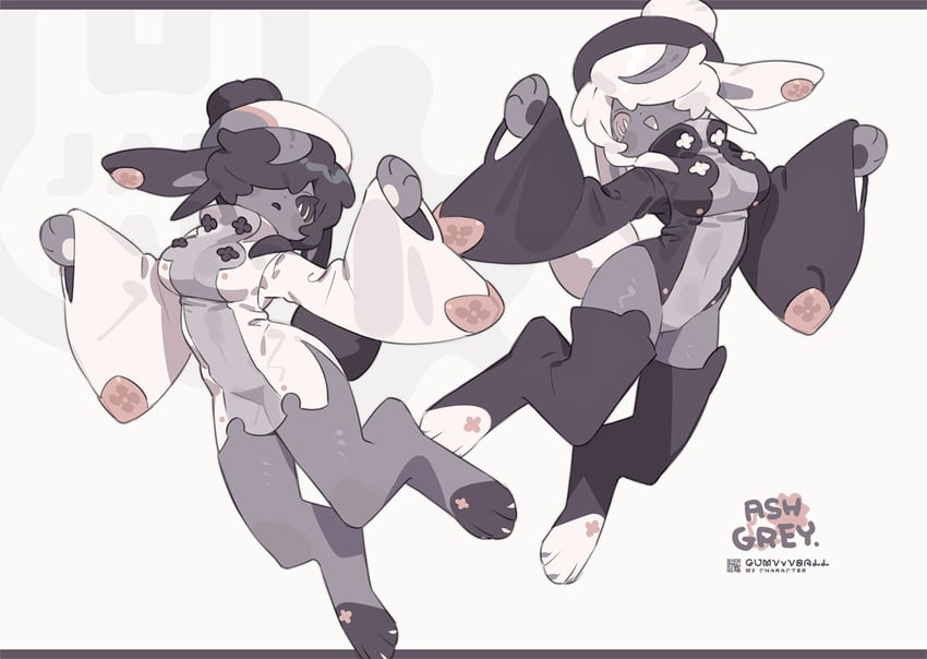 二次元插画 2名女孩 兽耳 贝雷帽 黑瞳 黑发