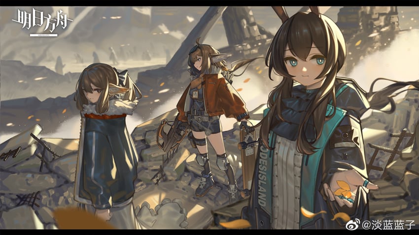 明日方舟、酸糖(明日方舟)、阿米娅 (明日方舟) 3人女子 兽耳 阿斯科特领巾 鸟耳 黑色手套