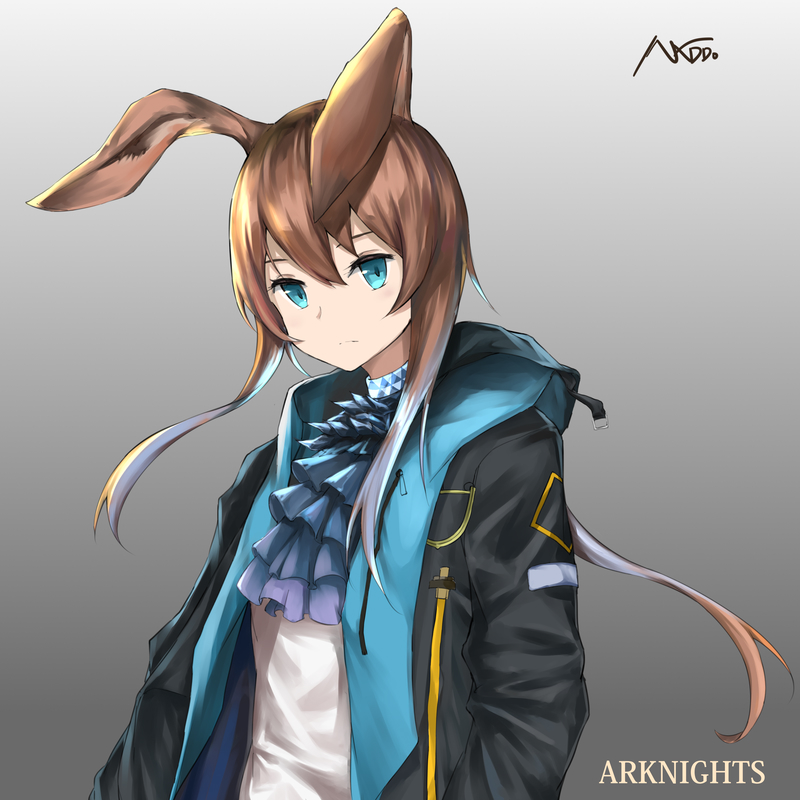明日方舟、阿米娅 (明日方舟) 1名女孩 兽耳 阿斯科特领巾 黑色夹克 蓝色细领带