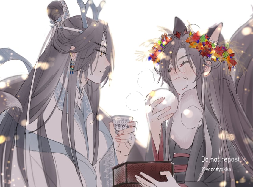 魔道祖师、蓝忘机、魏无羡 2个男孩 呆毛 兽耳 黑发 黑色汉服