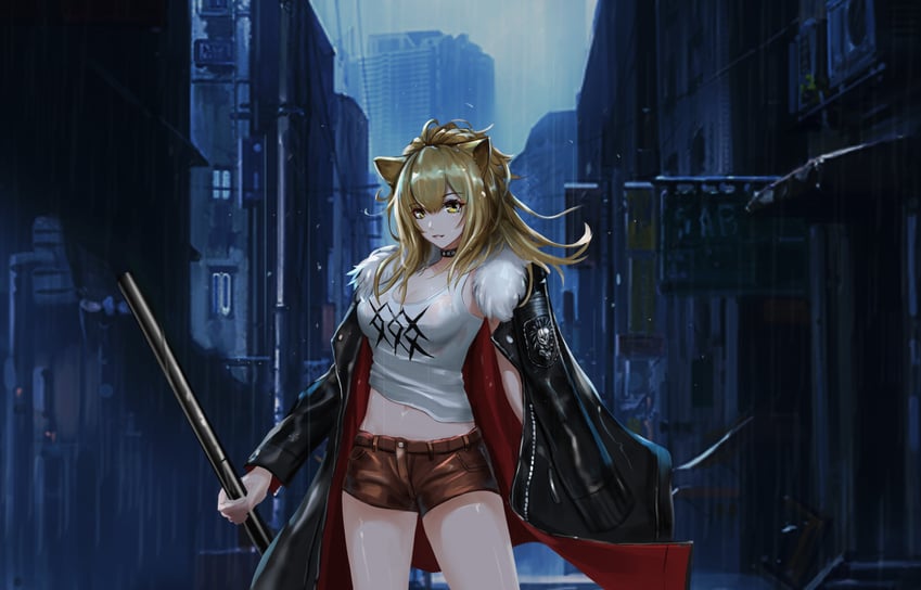 明日方舟、推进之王 (明日方舟) 1名女孩 兽耳 黑色项圈 黑色夹克 金发