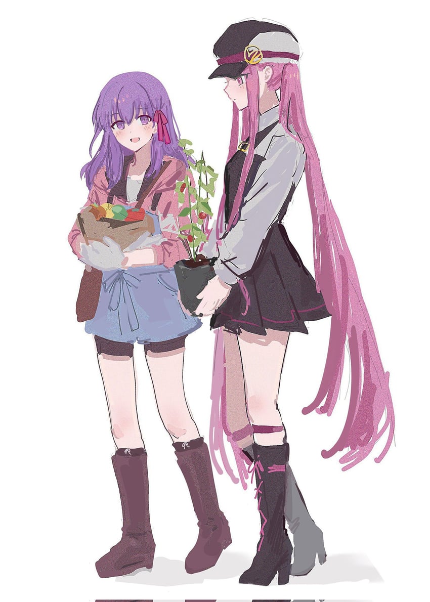 Fate/Grand Order、Fate/stay night、Fate系列 2名女孩 包 贝雷帽 骑行裤 黑色靴子