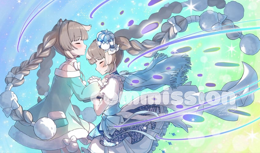 魔法少女小圆 2名女孩 蓝色蝴蝶结 蓝色连衣裙 脸红 蝴蝶结