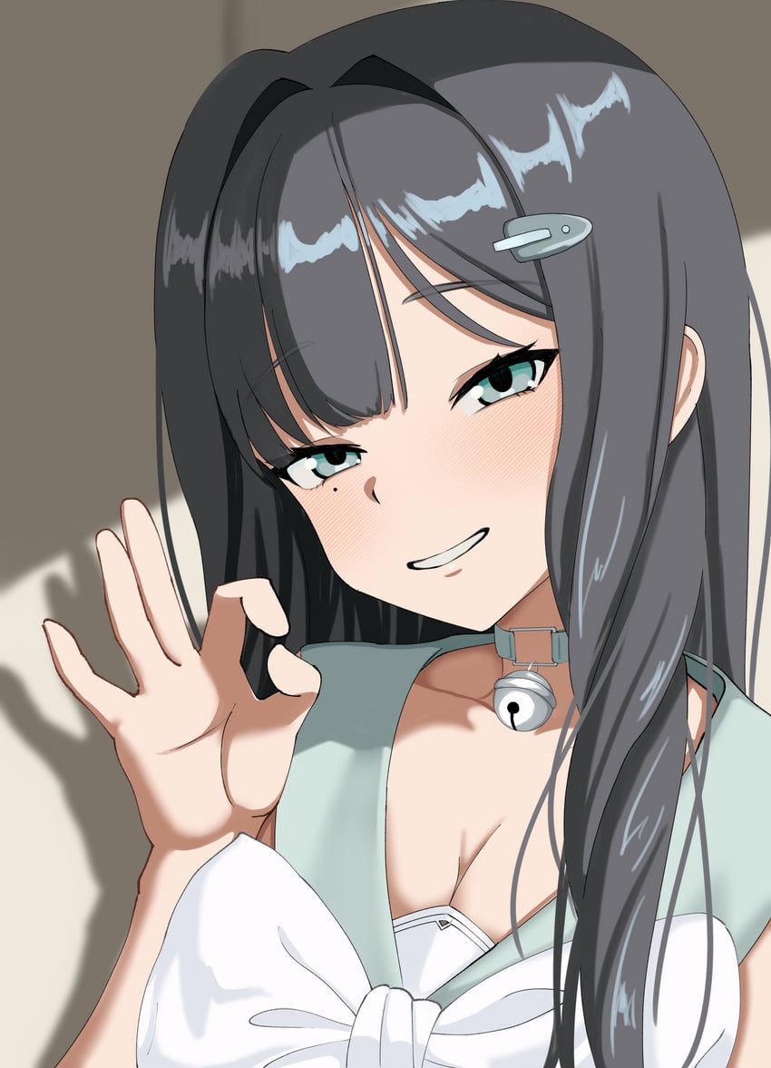 胜利女神：妮姬、薄荷 (清新薄荷) (胜利女神：妮姬)、薄荷 (妮姬) 1名女孩 不对称刘海 铃铛 黑发 蓝眼