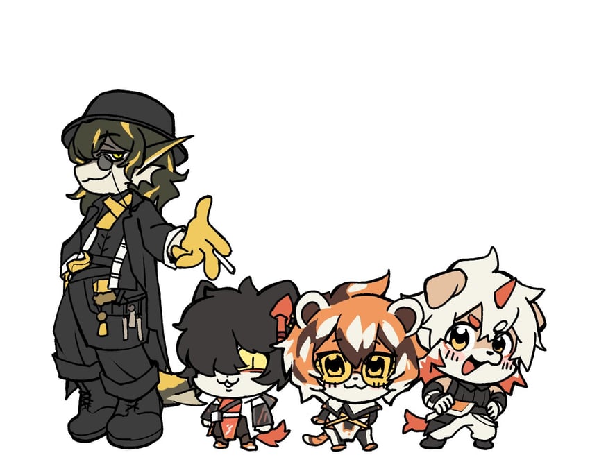 明日方舟、阿 (明日方舟)、阿 (明日方舟) 1名女孩 3个男孩 兽耳 黑色大衣 黑帽子