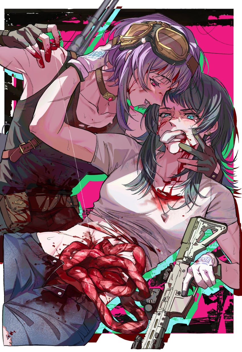 BanG Dream!、Bang Dream! It's MyGO!!!!!、八幡海铃 2名女孩 黑色项圈 黑发 黑色背心 血