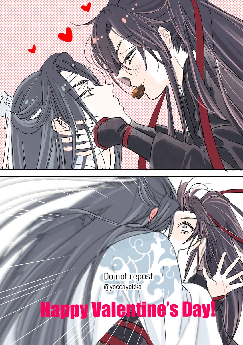 魔道祖师、蓝忘机、魏无羡 2个男孩 两格漫画 黑发 黑色汉服 脸红