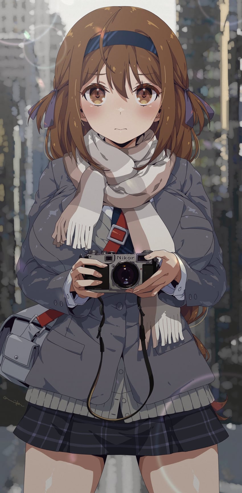 原创 1名女孩 黑色裙子 蓝色发带 模糊 模糊背景
