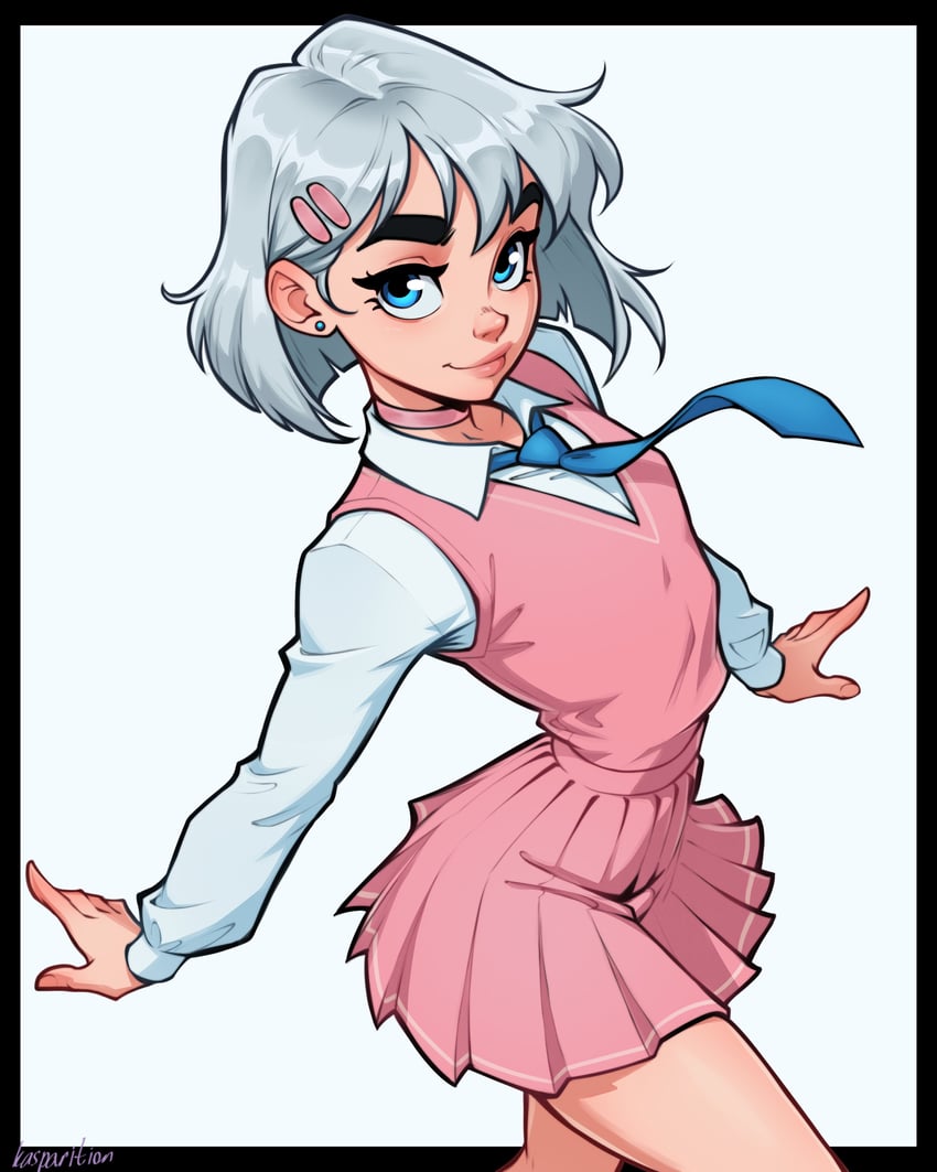 二次元插画 1名女孩 弓背 手放在身体两侧 作者名 蓝眼
