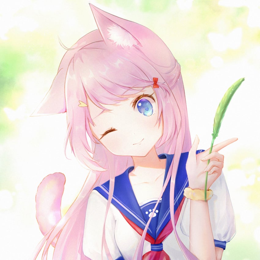原创 1名女孩 兽耳 蓝眼 蓝色水手领 猫耳