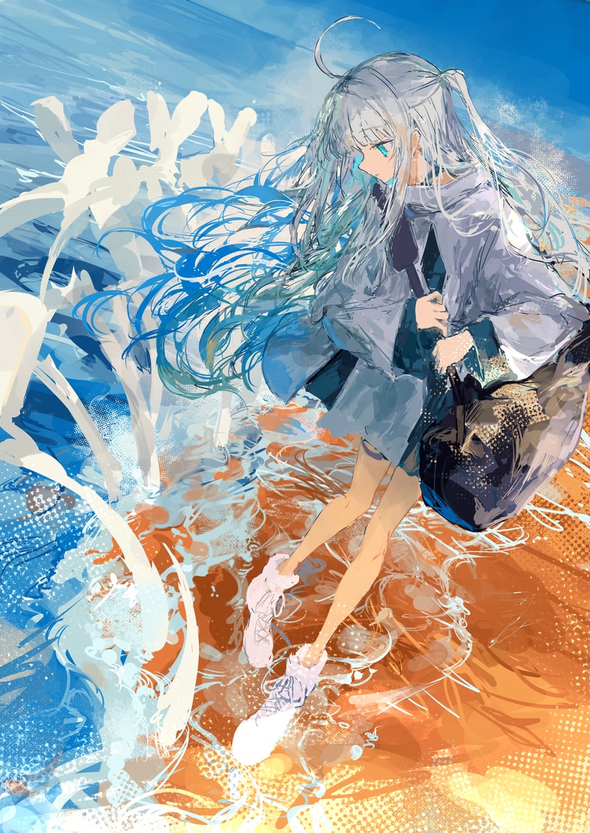 原创 1名女孩 呆毛 水色瞳 包 海滩