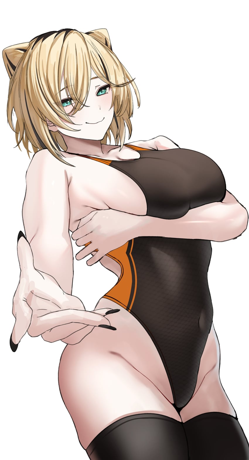 Hololive、hololive DEV_IS、小金井妮可 1名女孩 水色瞳 手臂托在乳房下 黑条纹/黑挑染 金发