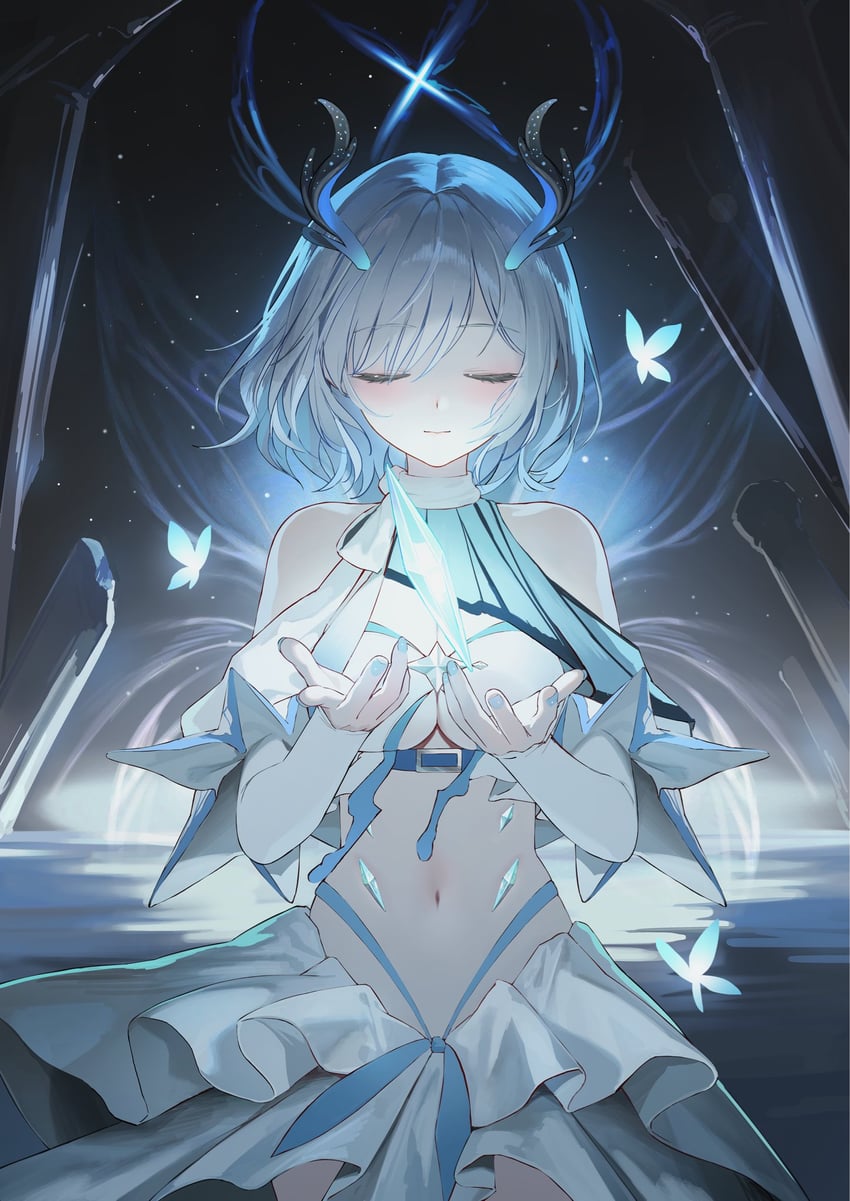 个人势虚拟主播、stratia (vtuber) 1名女孩 鹿角 露肩 蓝蝴蝶 蓝色指甲