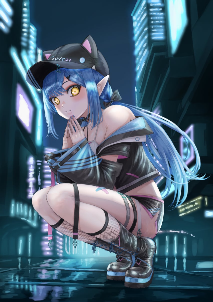 Hololive、雪花拉米、雪花菈米 (赛博风格) 1名女孩 动物帽子 不对称腿部穿着 棒球帽 腰带