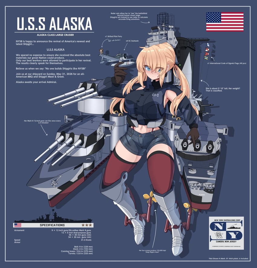 原创、uss alaska (cb-1) (personification) 1名女孩 举手 腋部开窗 金发 蓝眼