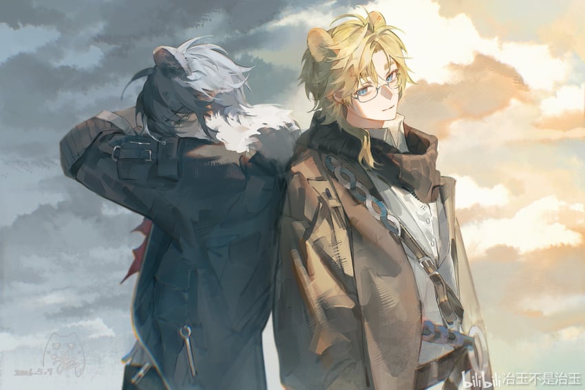 明日方舟、antosha (arknights)、matvei (arknights) 2个男孩 兽耳 举手 背靠背 熊男孩