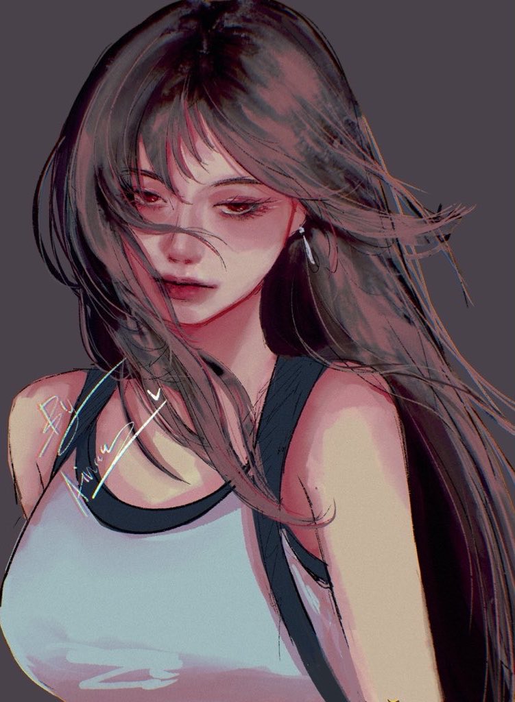 最终幻想、蒂法·洛克哈特 1名女孩 棕色背景 棕发 闭嘴 耳环