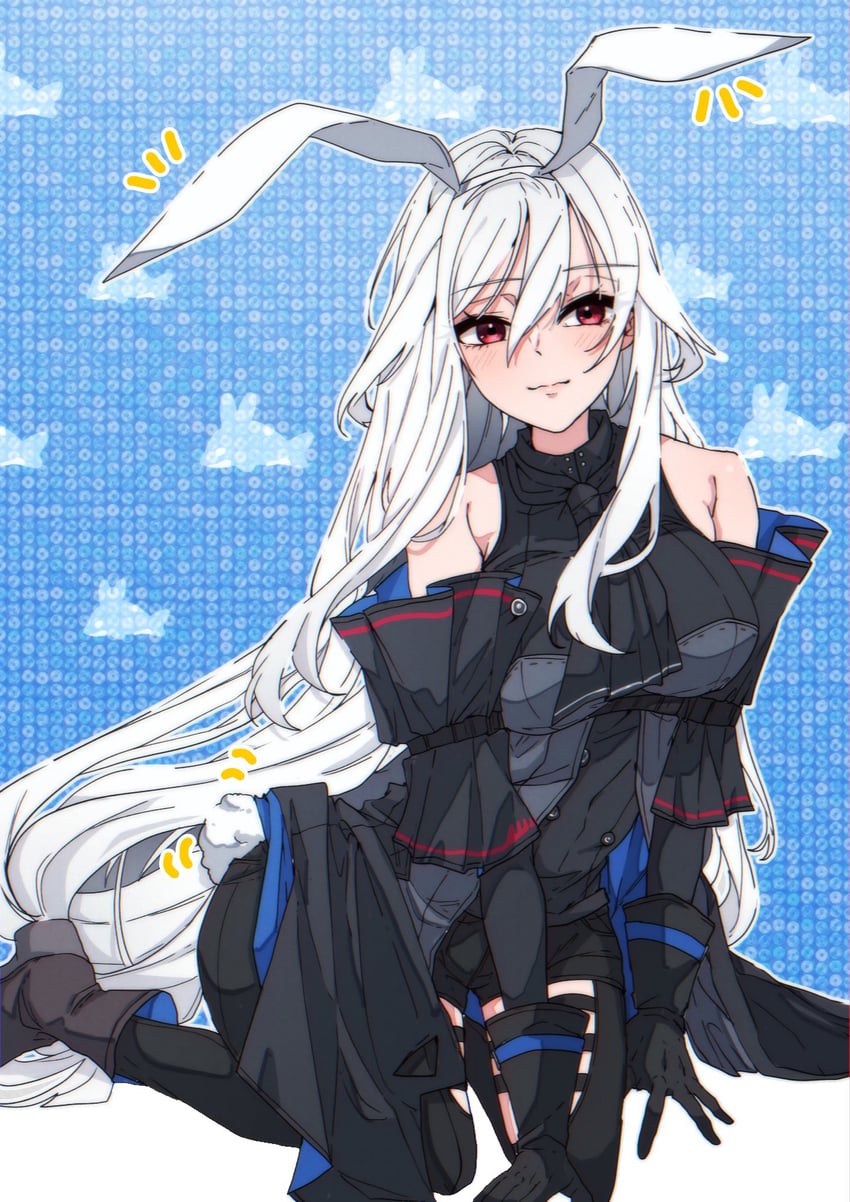 明日方舟、斯卡蒂 (明日方舟) 1名女孩 四肢着地 兽耳 阿斯科特领巾 露肩