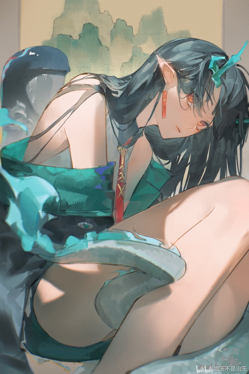 明日方舟、夕 (明日方舟) 1名女孩 露肩 黑发 闭嘴 龙娘